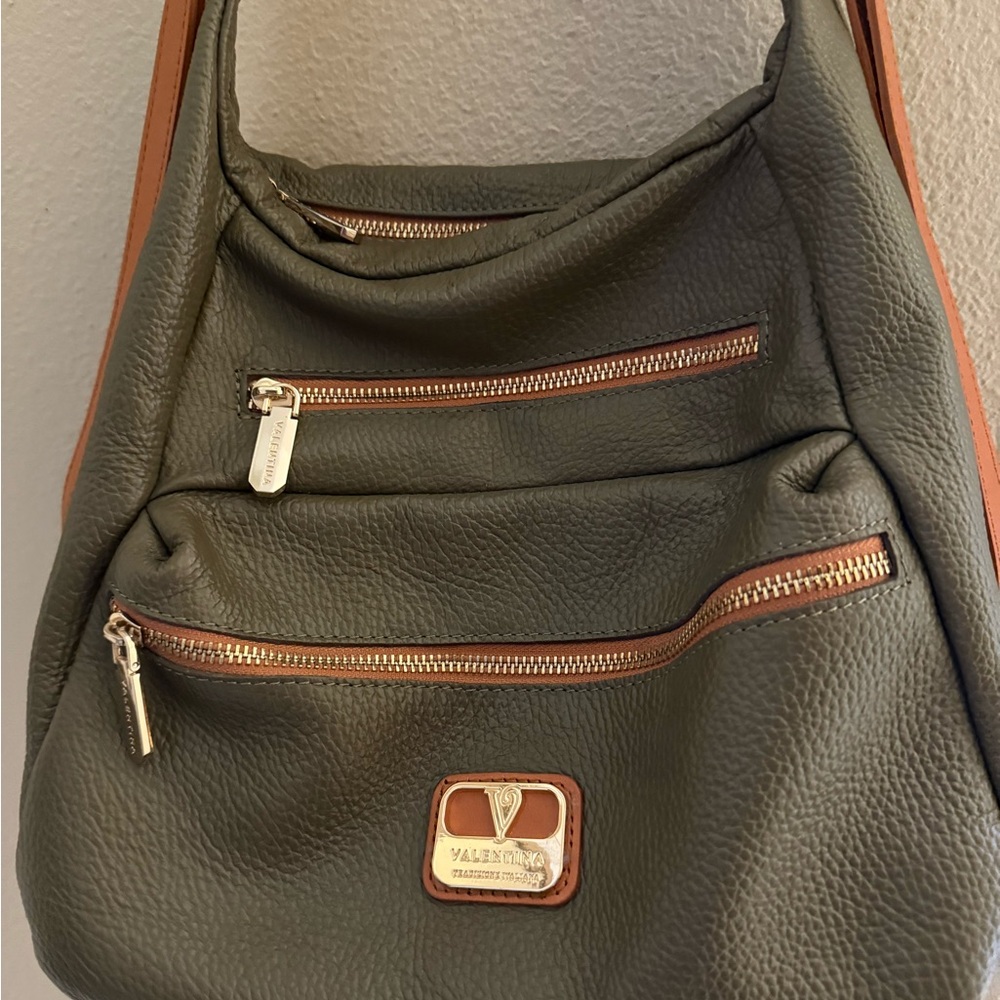 Valentina Vintage Olive Green and Tan Italian Leather Shoulder Bag - Picture 2 of 9